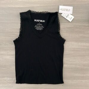 NWT Katie J NYC Black Ribbed Lace Trim Tank
